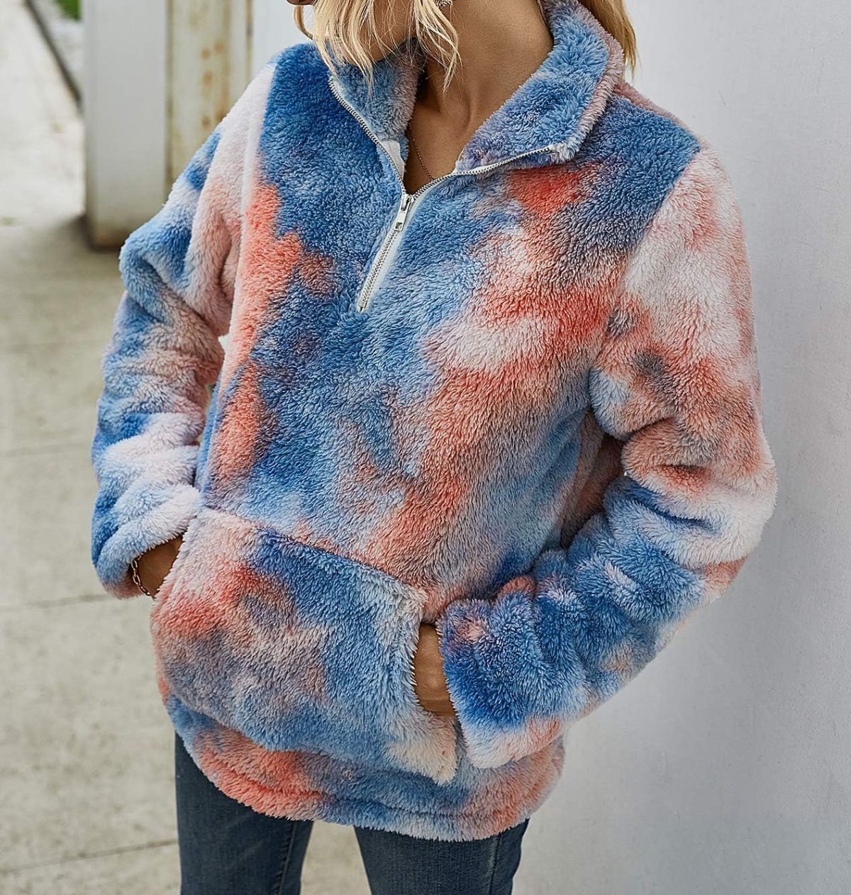 ⁦BTFBM Women Sherpa Pullover Quarter Zip Long Sleeve Fluffy Soft Fleece Jackets Sweaters Sweatshirts Hoodies Outwear Coat⁩ - الصورة ⁦4⁩