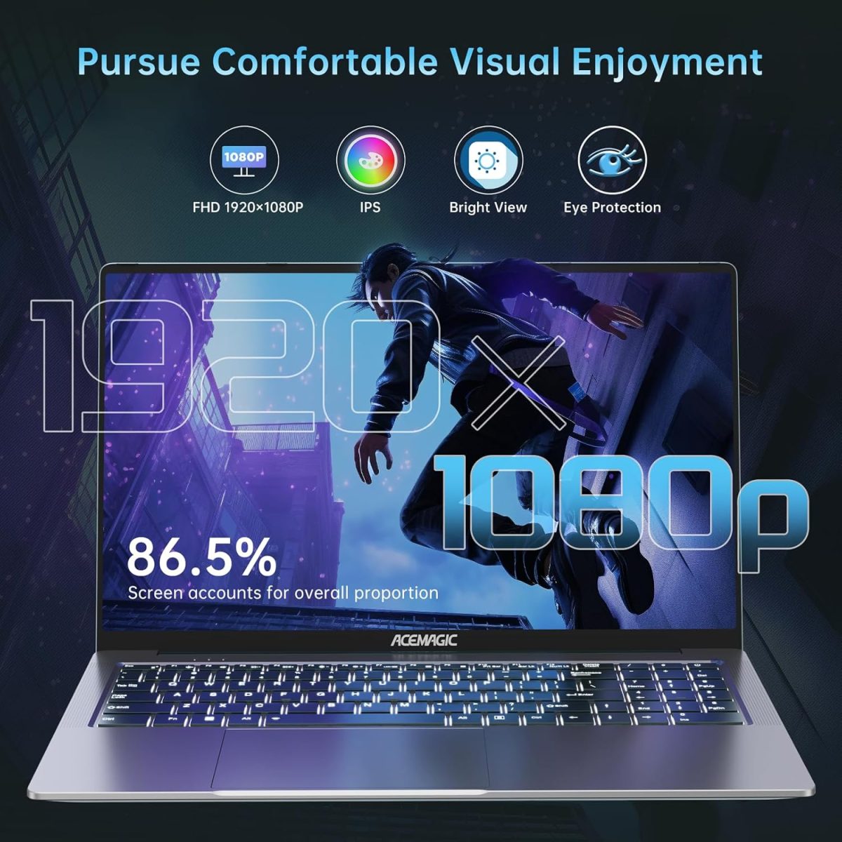 ⁦ACEMAGIC 2025 Laptop, Laptop with AMD Ryzen 7 5700U (8C/16T, Up to 4.3GHz), 16GB RAM 512GB NVMe SSD Laptop Computer, Radeon RX Vega 8 Graphics, 16.1-inch FHD Display, WiFi 6, Backlit KB⁩ - الصورة ⁦3⁩