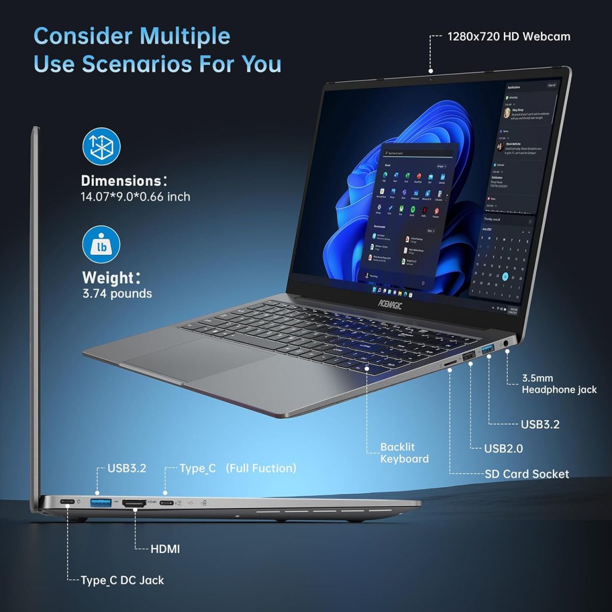 ⁦ACEMAGIC 2025 Laptop, Laptop with AMD Ryzen 7 5700U (8C/16T, Up to 4.3GHz), 16GB RAM 512GB NVMe SSD Laptop Computer, Radeon RX Vega 8 Graphics, 16.1-inch FHD Display, WiFi 6, Backlit KB⁩ - الصورة ⁦5⁩