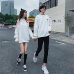 ⁦MAISHUSHU Couple Matching Hoodies Sweatshirt White Sport Clothes College School Fashion Style Young Pair Lovers Women Outfit Wear (White,Woman M (45-55kg))⁩ - الصورة ⁦4⁩