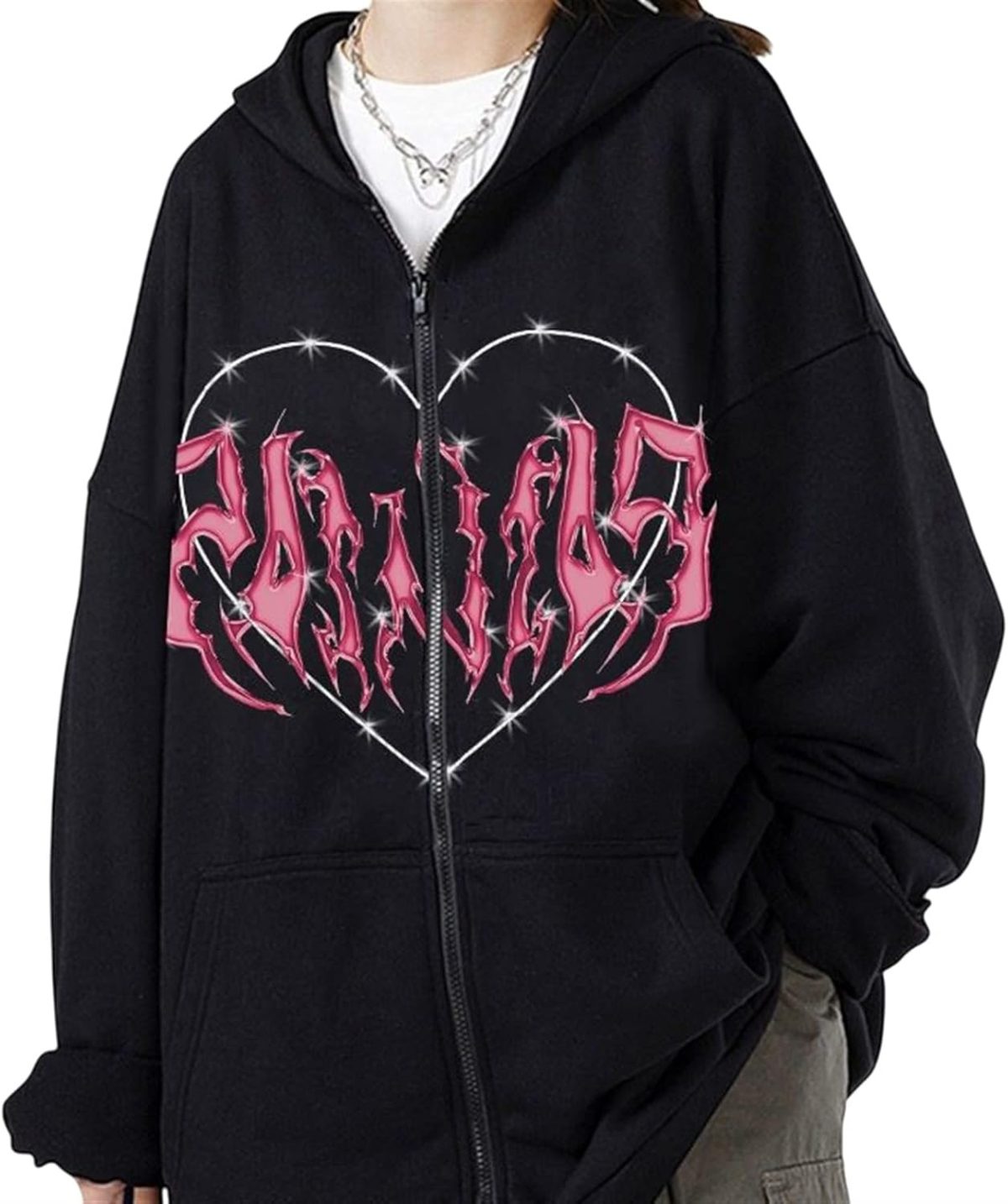 ⁦Womens Oversized Zip Up Hoodie Casual Long Sleeve Y2K Sweatshirt Hoodie Full Zip Jacket Cardigan Top (Color : Black, Size : Large)⁩ - الصورة ⁦1⁩