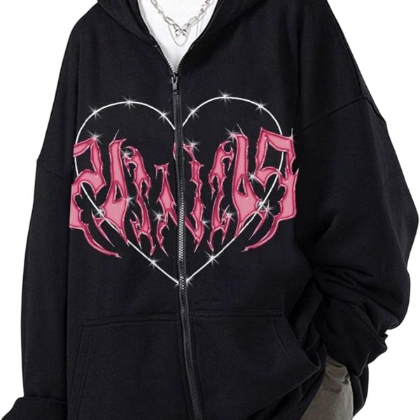 Womens Oversized Zip Up Hoodie Casual Long Sleeve Y2K Sweatshirt Hoodie Full Zip Jacket Cardigan Top (Color : Black, Size : Large)
