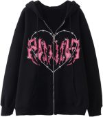⁦Womens Oversized Zip Up Hoodie Casual Long Sleeve Y2K Sweatshirt Hoodie Full Zip Jacket Cardigan Top (Color : Black, Size : Large)⁩ - الصورة ⁦3⁩