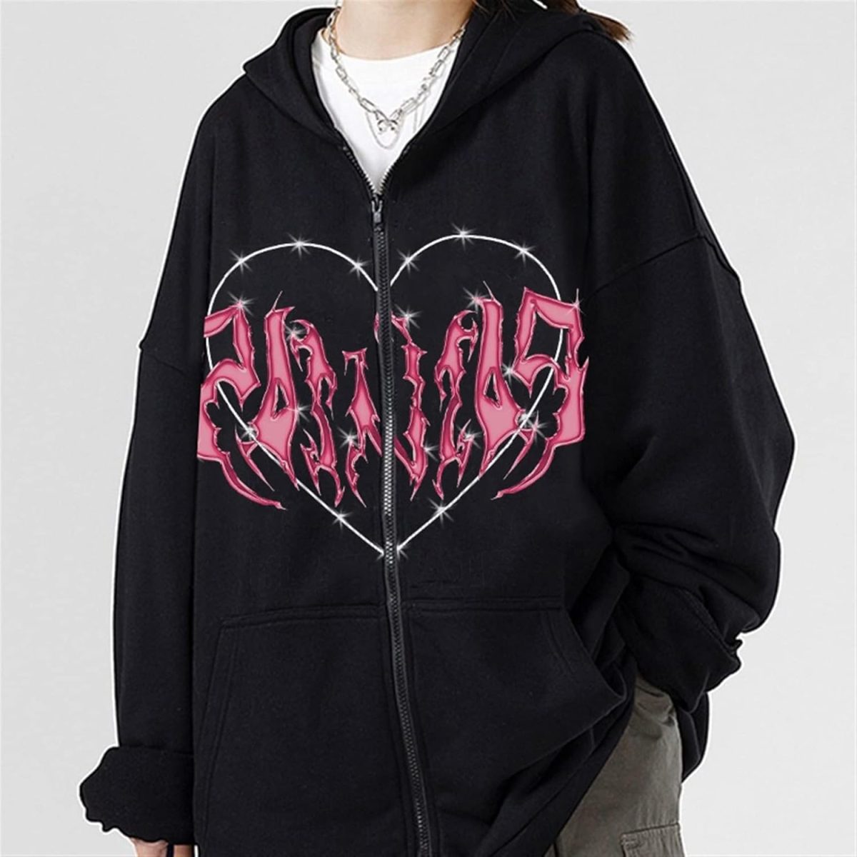 ⁦Womens Oversized Zip Up Hoodie Casual Long Sleeve Y2K Sweatshirt Hoodie Full Zip Jacket Cardigan Top (Color : Black, Size : Large)⁩ - الصورة ⁦4⁩