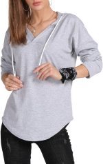 ⁦MAGICMK Women’s Deep V Neck Long Sleeves Drawstring Curved Bottom Sweatshirt Hoodie Loose Tops Blouses⁩ - الصورة ⁦4⁩