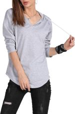 ⁦MAGICMK Women’s Deep V Neck Long Sleeves Drawstring Curved Bottom Sweatshirt Hoodie Loose Tops Blouses⁩ - الصورة ⁦5⁩
