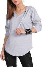 ⁦MAGICMK Women’s Deep V Neck Long Sleeves Drawstring Curved Bottom Sweatshirt Hoodie Loose Tops Blouses⁩ - الصورة ⁦6⁩