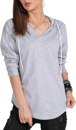 ⁦MAGICMK Women’s Deep V Neck Long Sleeves Drawstring Curved Bottom Sweatshirt Hoodie Loose Tops Blouses⁩ - الصورة ⁦7⁩