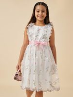 ⁦Styli Girls Embroidered Ruffle Detail Mesh Dress With Belt⁩ - الصورة ⁦4⁩