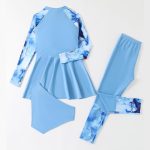 ⁦3-Piece Girls Modest Swimsuit Set, Long Sleeve Rash Guard with Leggings, Blue Marble Print, UPF 50+⁩ - الصورة ⁦4⁩