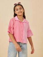 ⁦Styli Girls Color Block Ruffled Sleeve Collared Shirt⁩ - الصورة ⁦2⁩