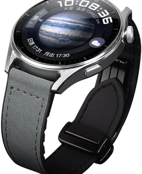22mm Genuine Leather Watch Strap with Magnetic Buckle, Compatible with Huawei GT5/GT5 Pro/GT4/GT3/GT2 and More-Grey