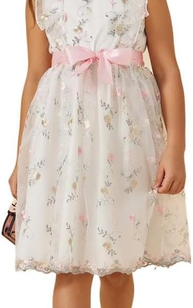 Styli Girls Embroidered Ruffle Detail Mesh Dress With Belt