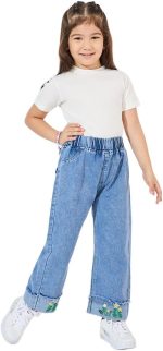 ⁦STYLI Girls Flower Applique Trim Wide Leg Jeans⁩ - الصورة ⁦2⁩