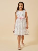 ⁦Styli Girls Embroidered Ruffle Detail Mesh Dress With Belt⁩ - الصورة ⁦2⁩