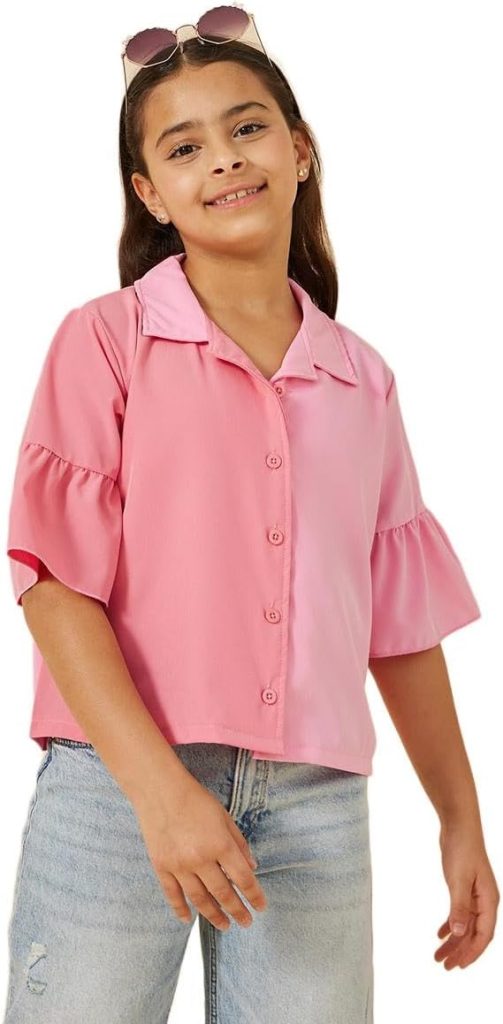 Styli Girls Color Block Ruffled Sleeve Collared Shirt