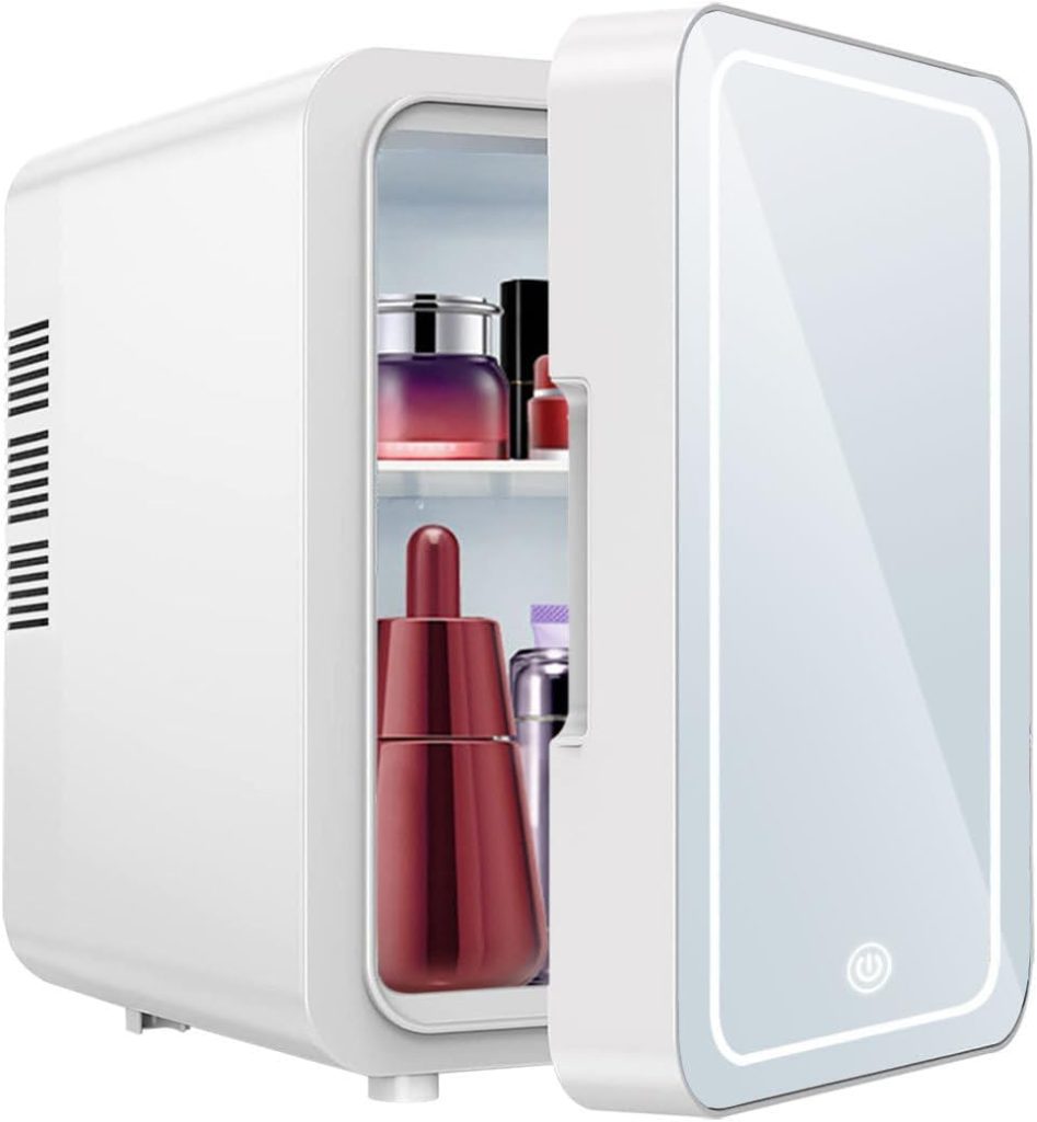 Makeup Fridge, Make-Up Mini Fridge, with Dimmable Led Light Mirror, Portable Small Refrigerator for Cosmetics, Skin Care and Food, 4L Mini Fridge for Bedroom, Car, Office & Dorm, Cooler & Warmer