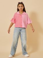 ⁦Styli Girls Color Block Ruffled Sleeve Collared Shirt⁩ - الصورة ⁦3⁩