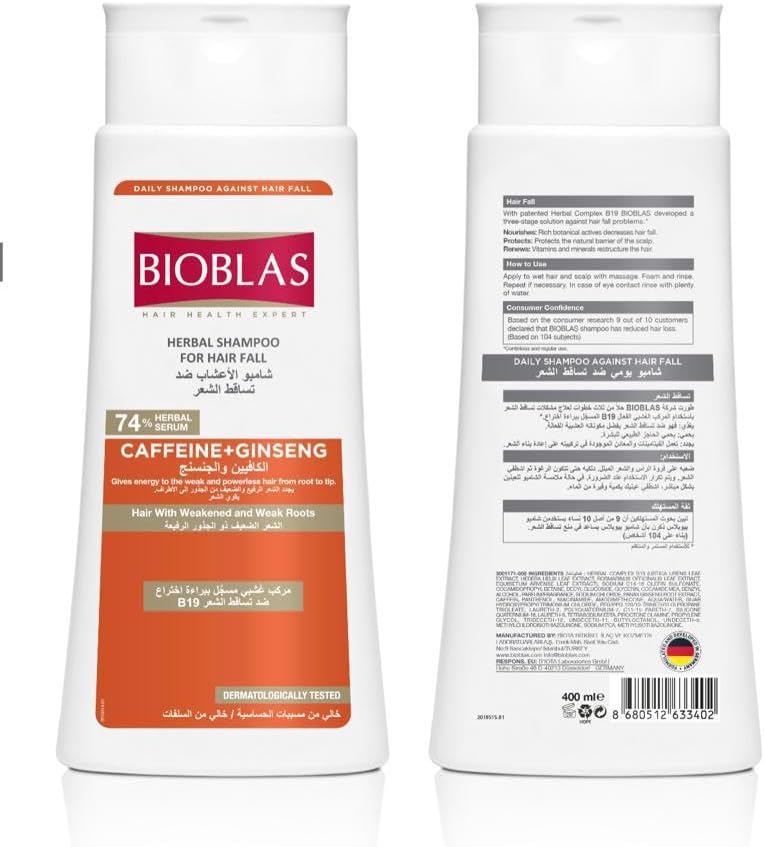 Bioblas Herbal Shampoo for Hairfall, Caffeine + Ginseng for Hair with Weakened and Weak Roots, 400ml