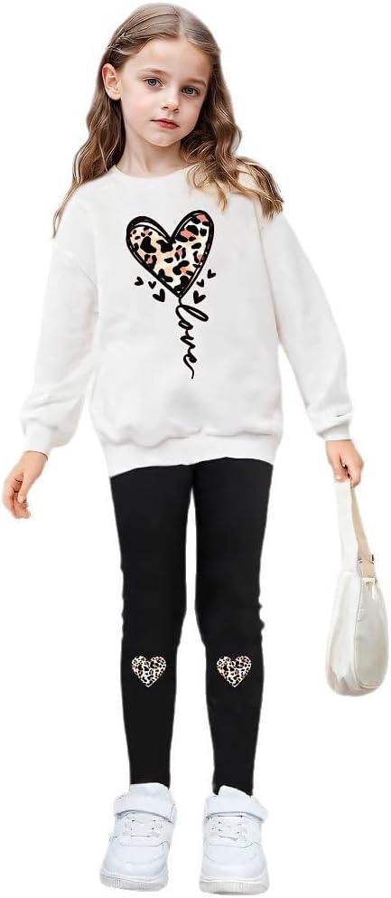 Girls Cute Outfit, Top + Pants, Long Sleeve Blazer and Leopard Love Print, Casual Sweatshirt and Sweatpants,ages 4-12