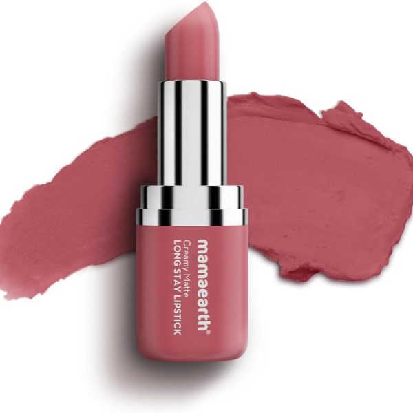 Mamaearth Creamy Matte Long Stay Lipstick with Murumuru Butter and Vitamin E for 8-Hour Long Stay (Flakeproof & Non-Drying | Intense Color Payoff) - 4.2g (Rose Nude)
