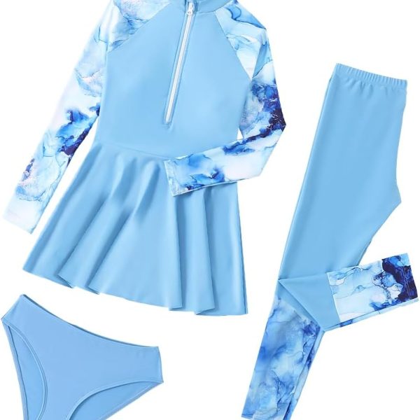 3-Piece Girls Modest Swimsuit Set, Long Sleeve Rash Guard with Leggings, Blue Marble Print, UPF 50+