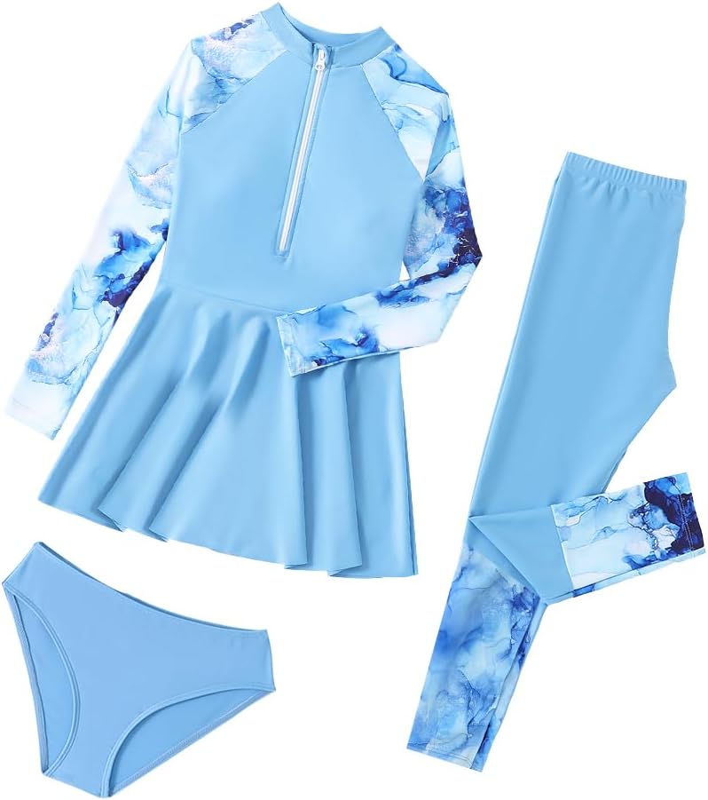 3-Piece Girls Modest Swimsuit Set, Long Sleeve Rash Guard with Leggings, Blue Marble Print, UPF 50+