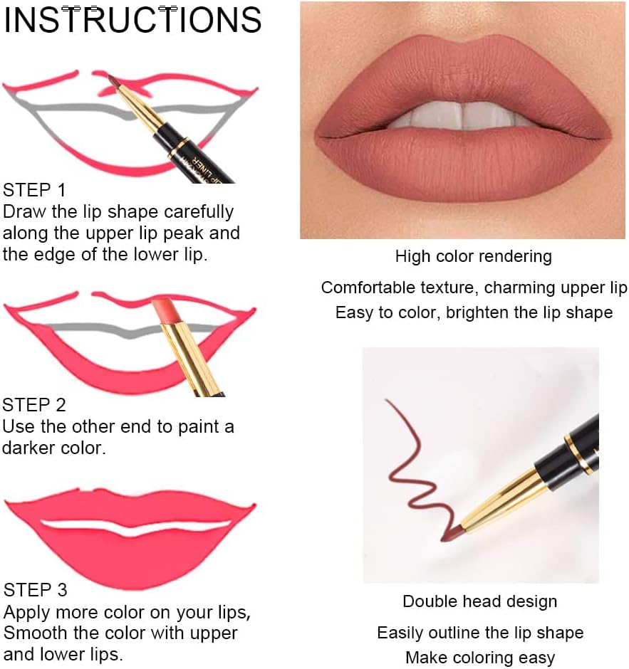 6 PCS Lip Liner and Lipstick Set Kit Dnm Chestnut Nude Dark Red Matte Matt Mat 24 Hour Lipstick Pen and Lip Kit with Lip Liner Pencil Long Lasting Set for Women Labiales Mate 24 Horas Originales