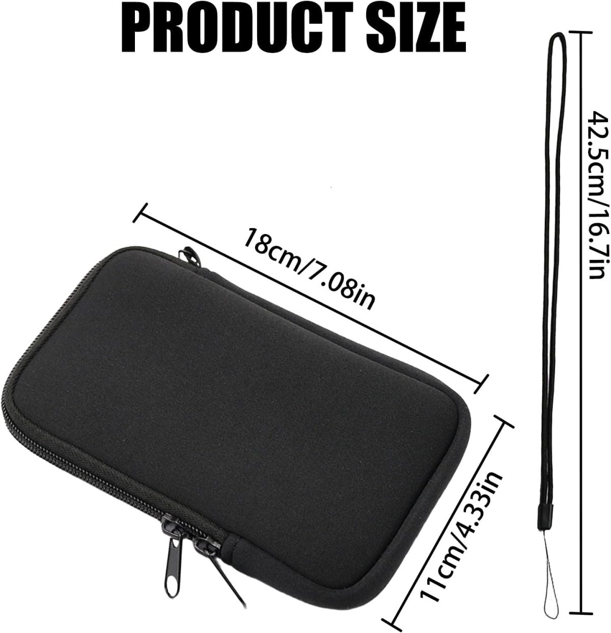 ⁦Neoprene Phone Pouch,Mobile Phone Sleeve Case with Zipper,Mobile Bag with Neck Lanyards Straps,Universal Shock Phone Sock,Black (7.2 inch)⁩ - الصورة ⁦7⁩