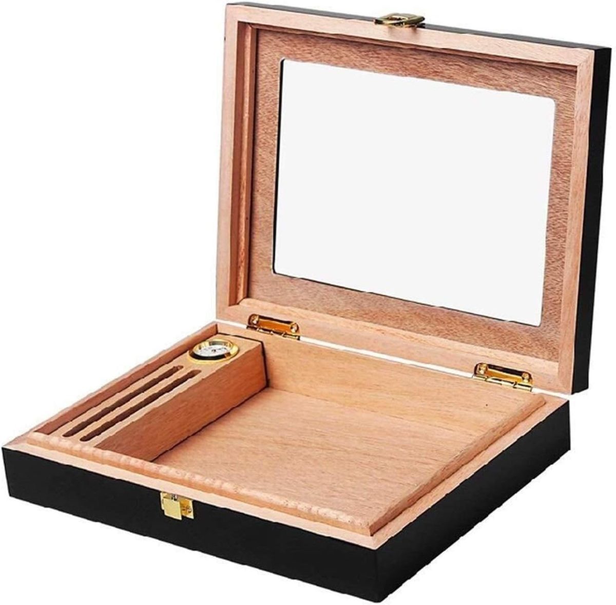⁦Can Hold 20 Cigars with Humidifier and Hygrometer Cigarette Box Cigar Cabinet Cedar Wood Lining Glass Sunroof Solid Wood Box Large Capacity Men's Box Black ble f Classic Portable Cigar Wauyan⁩ - الصورة ⁦2⁩