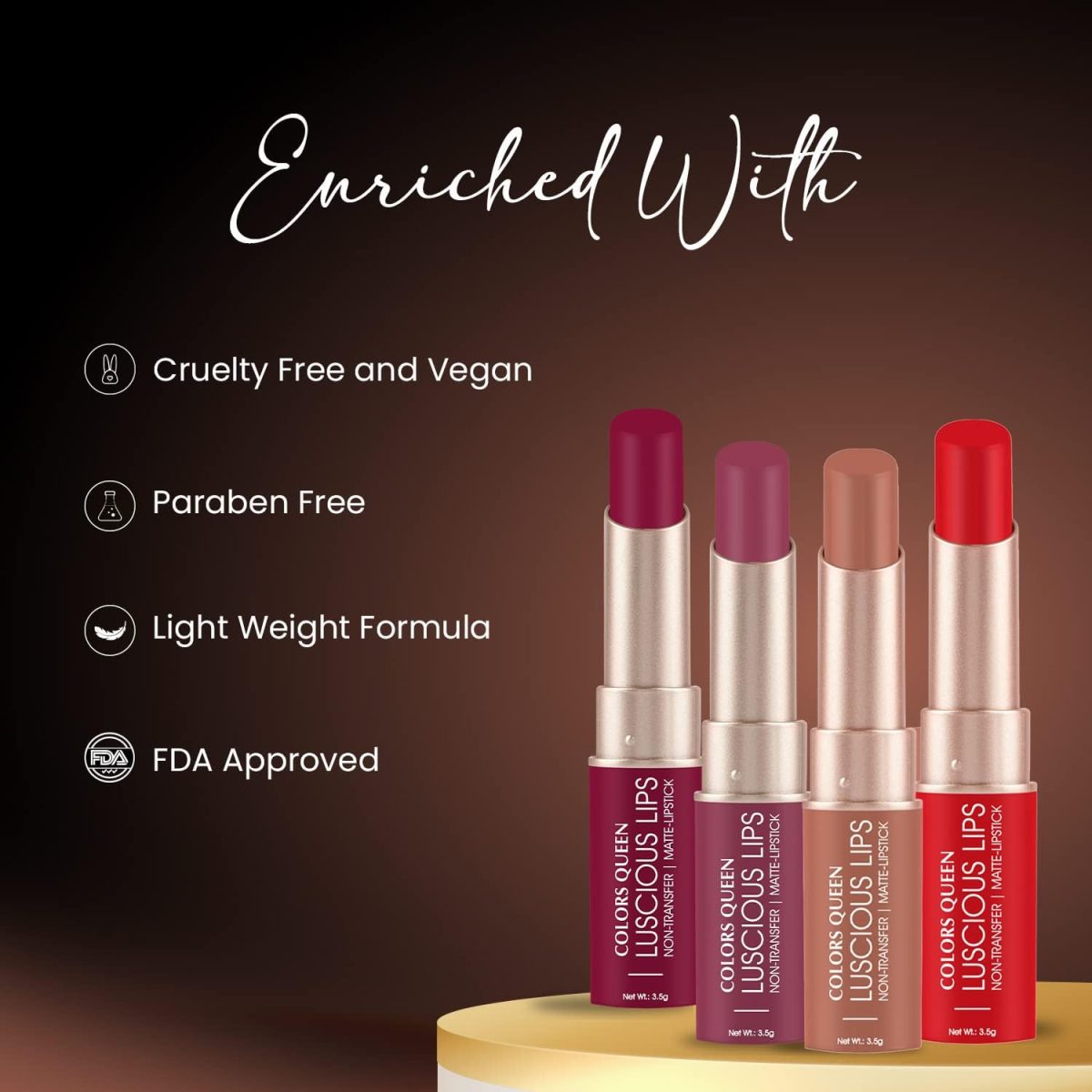 ⁦Colors Queen Luscious Lips - Non Transfer Creamy Matte Lipstick | Highly Pigmented with Smooth Application | Long Lasting Lipstick Waterproof | Smudge Proof Lipstick for Women (03 - Rosy Sunday - 3.5g⁩ - الصورة ⁦5⁩