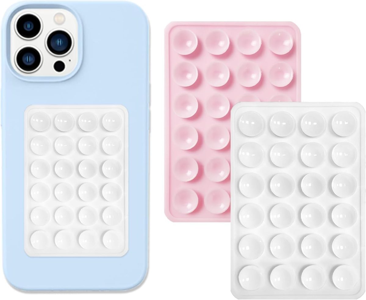 YRQX 2 Pack Silicone Suction Phone Case Mount, Silicon Adhesive Phone Stand Sticky for Cell Phone, Hands-Free Phone Accessories Holder for Selfies and Videos, Light Pink and White
