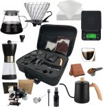 DOPPIO Electric 12 Pcs V60 Pour Over Manual Coffee Maker with Manual Grinder Dripper Set, Coffee Server Pot Size 02, V60 Glass Coffee Dripper with Wood Stand Dripper, Scale (Premium Kit)