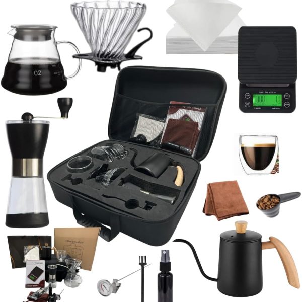 DOPPIO Electric 12 Pcs V60 Pour Over Manual Coffee Maker with Manual Grinder Dripper Set, Coffee Server Pot Size 02, V60 Glass Coffee Dripper with Wood Stand Dripper, Scale (Premium Kit)
