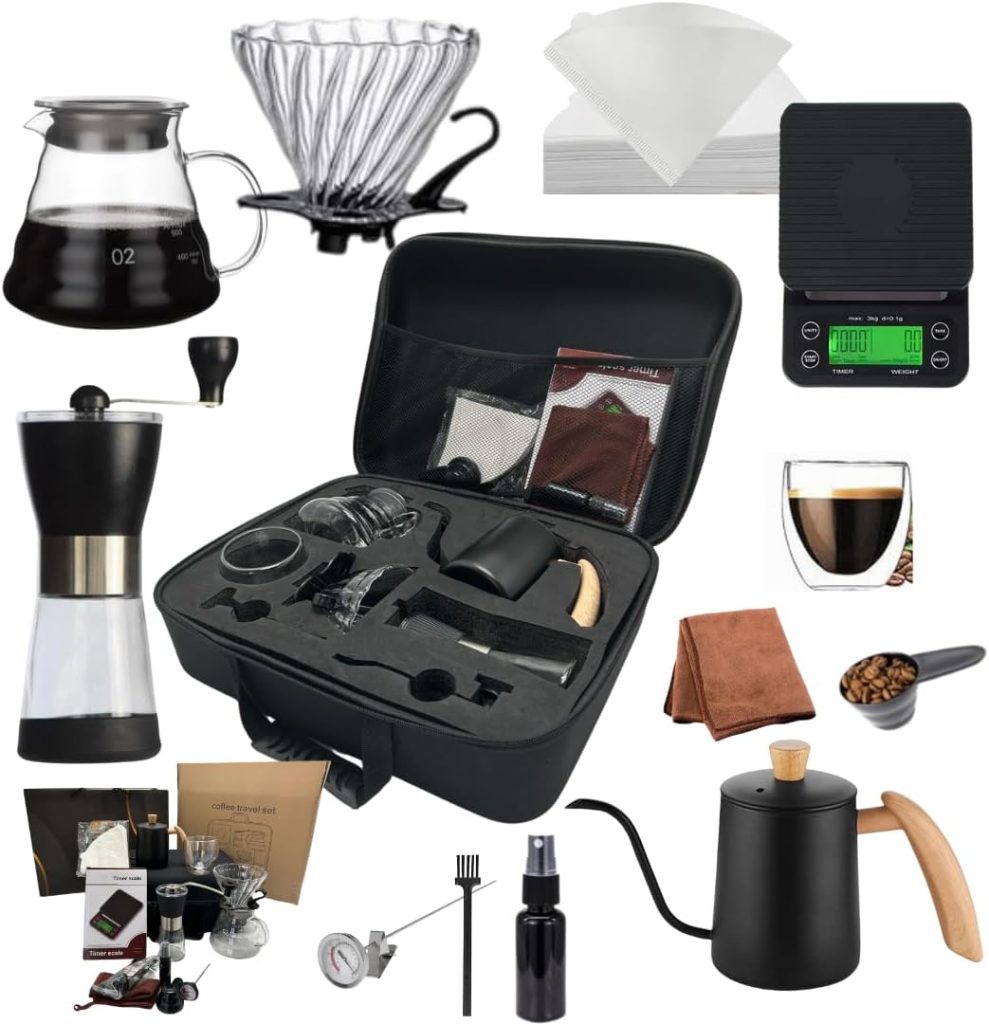 DOPPIO Electric 12 Pcs V60 Pour Over Manual Coffee Maker with Manual Grinder Dripper Set, Coffee Server Pot Size 02, V60 Glass Coffee Dripper with Wood Stand Dripper, Scale (Premium Kit)