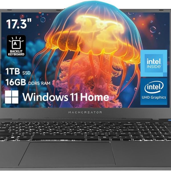 Machcreator Business Laptop, 17.3" FHD 120Hz, Intel Processor, 16GB DDR5 RAM, 1TB SSD, Backlit Keyboard, Large Touchpad, MicroSD Card Reader, Camera Shutter Switch, Wi-Fi, Win 11 Home, Grey