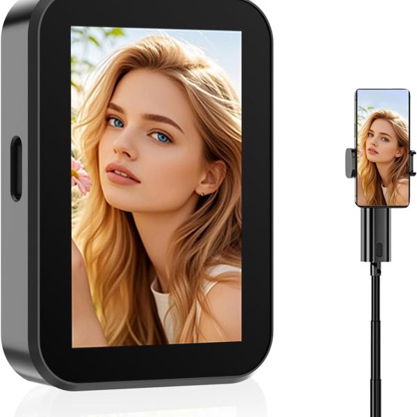 Otufan Selfie Monitor Screen for iPhone, with Speaker, Wireless Recording, Using Phone Rear Camera for Selfie Vlog, Live Streaming, TikTok, Screen Sharing, 2in (No Clip Black)
