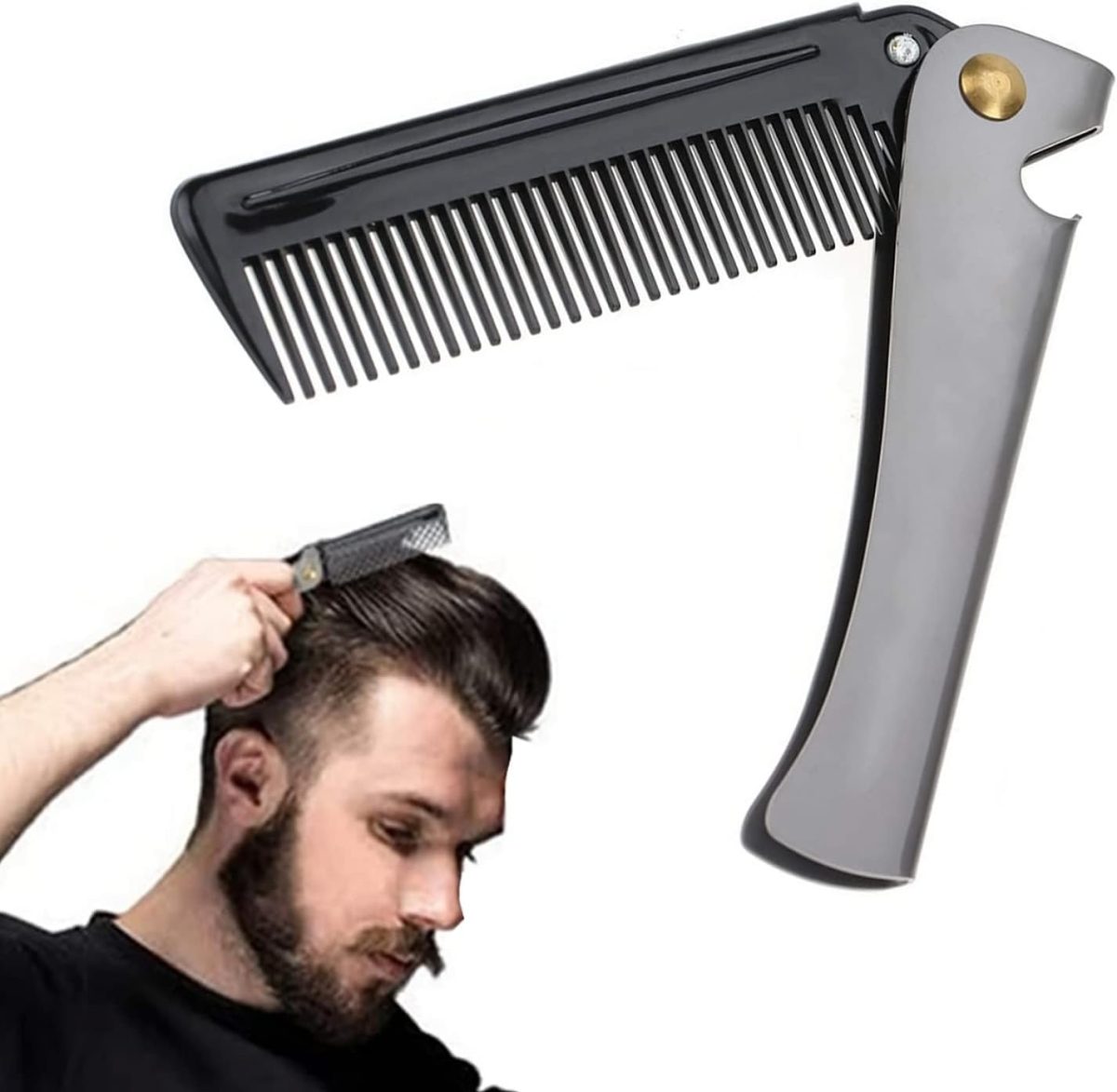 Khazna Folding Beard Comb, Portable Stainless Steel Round Comb for Men, Folding Carrying Pocket Oil Hair Moustache Shaping Comb for Grooming Styling, Combing Hair, Beards and Mustaches