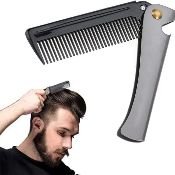 Khazna Folding Beard Comb, Portable Stainless Steel Round Comb for Men, Folding Carrying Pocket Oil Hair Moustache Shaping Comb for Grooming Styling, Combing Hair, Beards and Mustaches