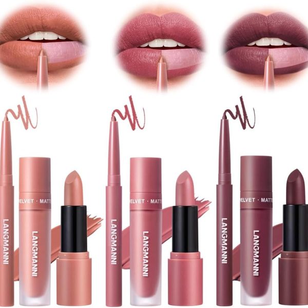 Azonee Matte Velvet Lipstick Set, 3 in 1 Lip Liner, Lip Gloss, and Lipstick Combo, Waterproof Long-Lasting Lip Makeup, Great Gift (#02+04+06)
