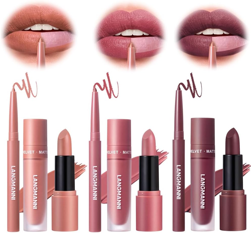 Azonee Matte Velvet Lipstick Set, 3 in 1 Lip Liner, Lip Gloss, and Lipstick Combo, Waterproof Long-Lasting Lip Makeup, Great Gift (#02+04+06)