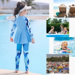 ⁦3-Piece Girls Modest Swimsuit Set, Long Sleeve Rash Guard with Leggings, Blue Marble Print, UPF 50+⁩ - الصورة ⁦3⁩
