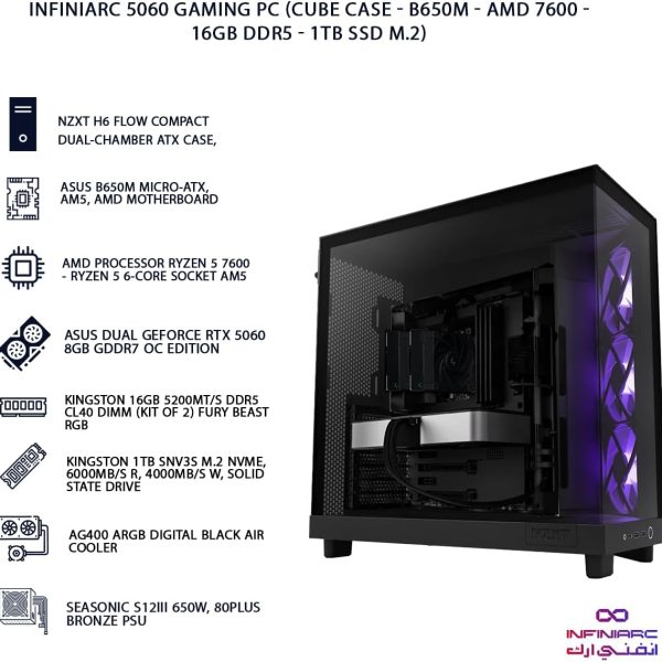 INFINIARC 5060 AMD Gaming PC – Ryzen 5 7600, RTX 5060 8GB GPU, 16GB DDR5 RAM, 1TB NVMe SSD, B650M Motherboard, NZXT H6 Flow Case, AG400 Digital Cooler, 650W PSU