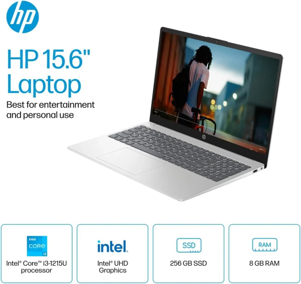 ⁦HP 15.6" HD Touchscreen Laptop 15-fd0023dx, Intel Core i3-1215U, 8GB RAM, 256GB SSD, Bluetooth, Wi-Fi, Intel UHD Graphics, Windows 11 Home in S Mode, Natural Silver⁩ - الصورة ⁦4⁩