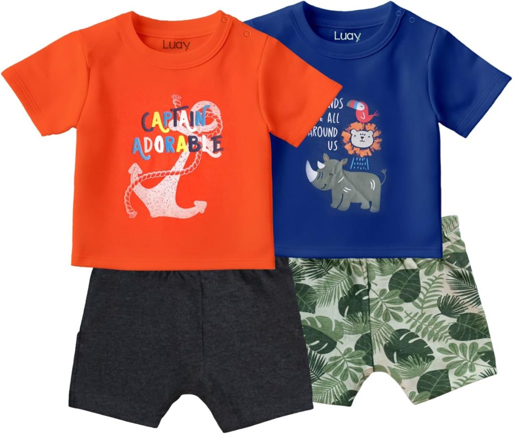 LUAY 100% Organic Cotton Baby Boy & Girls Clothing Set Short Sleeve Kids Clothes Boys & Girls Toddler Short Set Cute Animal Print Combo Pack Of 2 Top and Shorts Outfit For New born