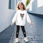 ⁦Girls Cute Outfit, Top + Pants, Long Sleeve Blazer and Leopard Love Print, Casual Sweatshirt and Sweatpants,ages 4-12⁩ - الصورة ⁦4⁩