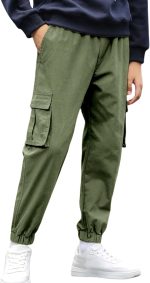 SEAUR Boys Cargo Trousers Kids Elasticated Waist Cotton Joggers Pants Casual Sports Outdoor Trousers Hip Hop Dance Sweatpant with Multi Pockets For 7-16 Years