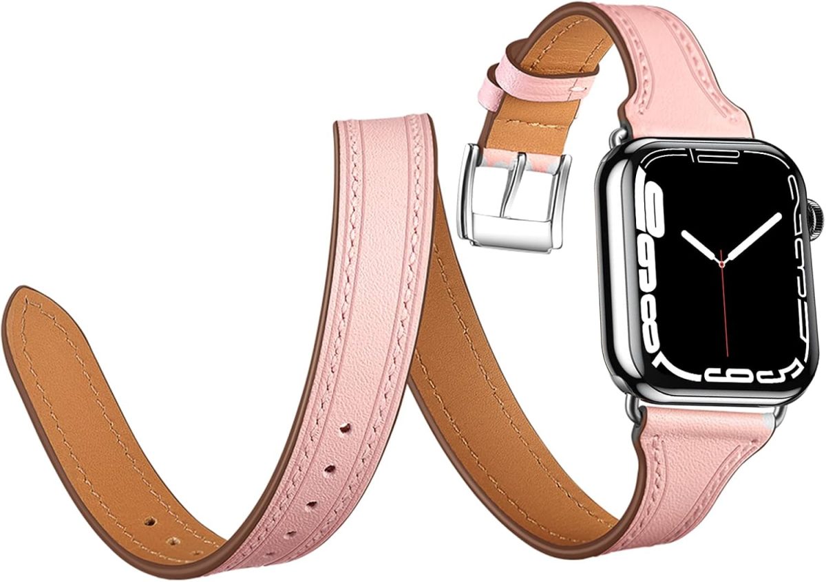⁦INFOSUN for Apple Watch Band 38mm 40mm 41mm Women Double Tour Leather Strap Bracelets Genuine Leather Wrist band Slim Replacement Strap for iWatch SE Series 9/8/7/6/5/4/3/2/1（38mm/40mm/41mm）Pink⁩ - الصورة ⁦4⁩