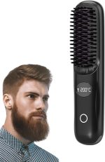 Beard Straightener for Men, Anti-Scald Heated Beard Brush, Portable Cordless Hair Straightener, Electric Hot Comb 3 Temp Settings, Ionic Mini Straightener for Home and Travel