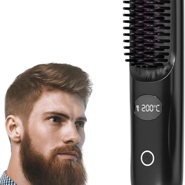 Beard Straightener for Men, Anti-Scald Heated Beard Brush, Portable Cordless Hair Straightener, Electric Hot Comb 3 Temp Settings, Ionic Mini Straightener for Home and Travel